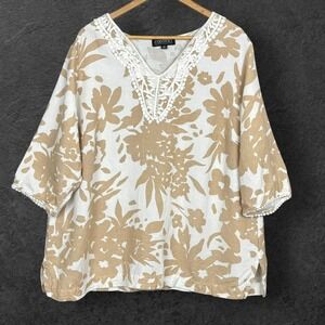 Context Boho Linen Crochet Trim Peasant Top Womens 3X Botanical Resortwear Airy